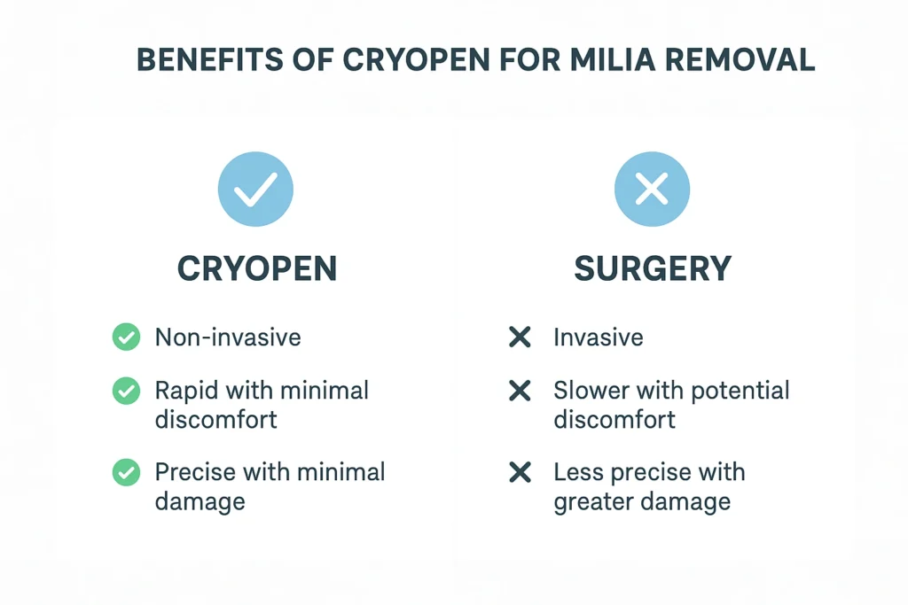 Benefits of cryopen for milia removal Kilburn compared to surgical treatments.