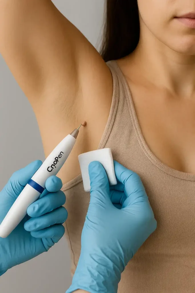 woman having cryopen to remove underarm skin tags Kilburn