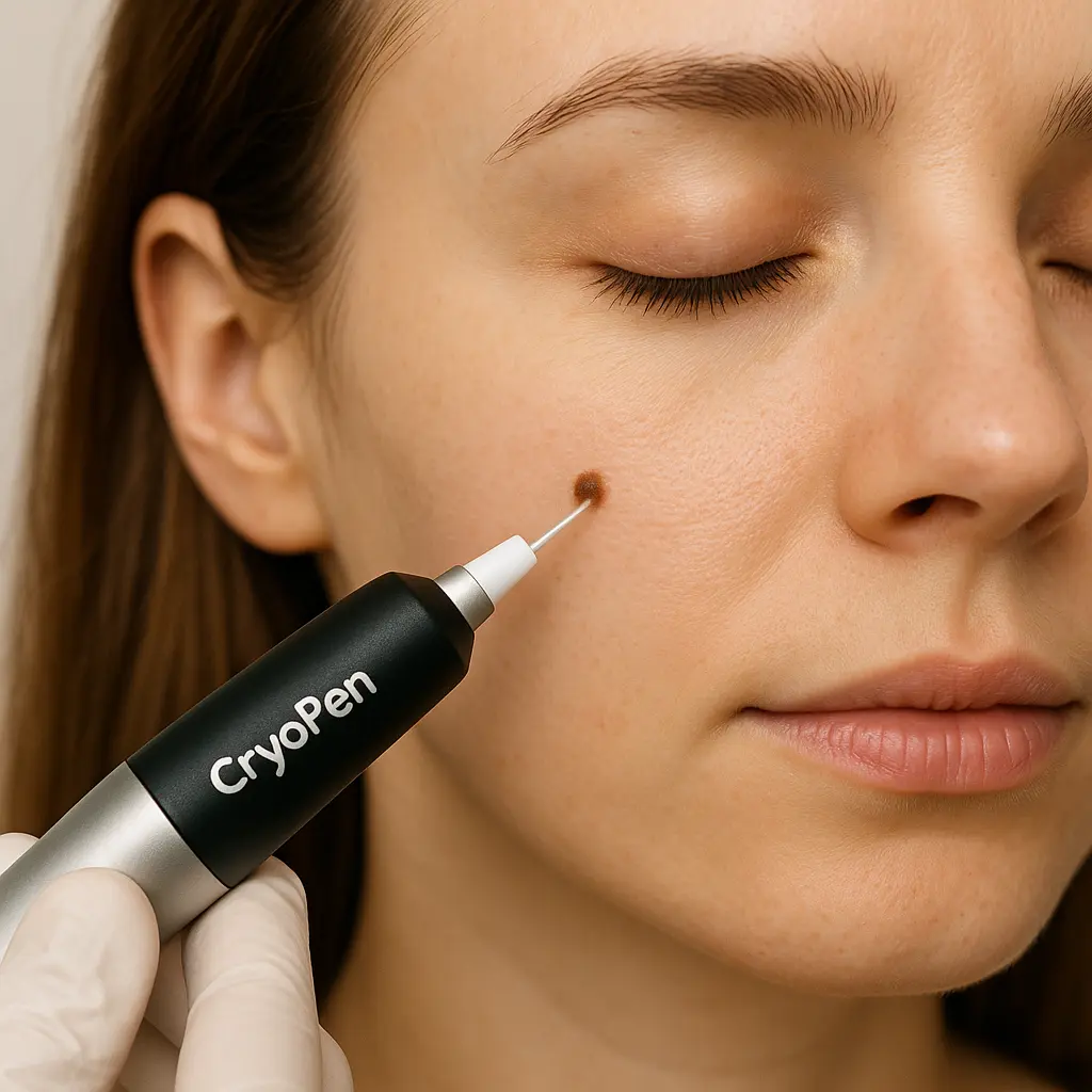 woman receiving facial mole removal Kilburn using cryopen