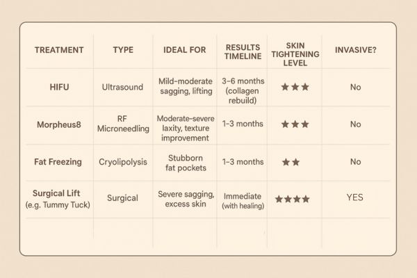 Table showing the comparisons of Skin tightening Kilburn treatment options.